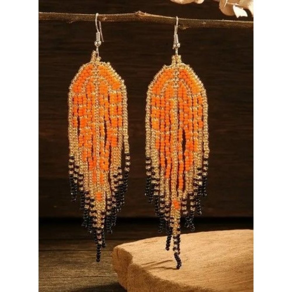 Long Beaded Drop Earrings Big Boho Statement Seed Bead Fringe Dangle Earrings